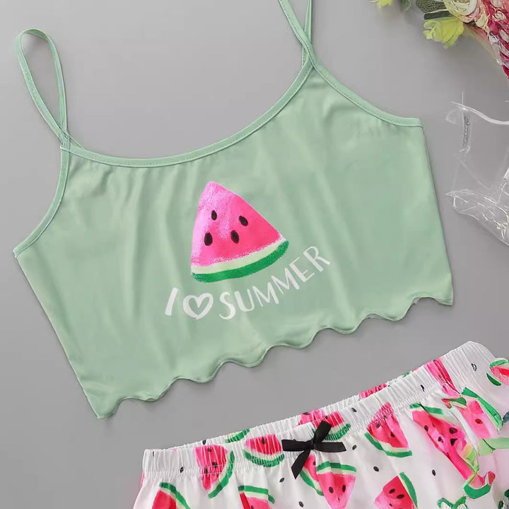 Dame sommerligt crop-top og shorts sæt med vandmelon motiv Stilla
