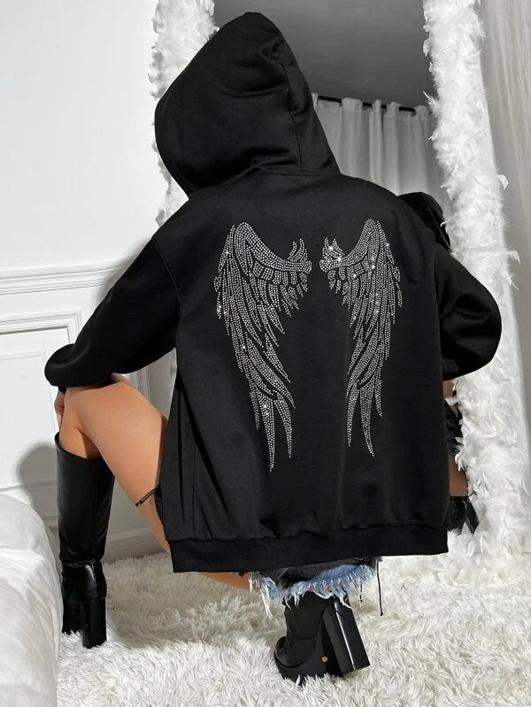 Dame Hoodie med Glitrende Vinge Design Stilla