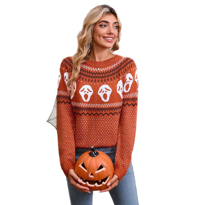 Kvindernes mønstrede strikkede sweater med Halloween-motiver Stilla