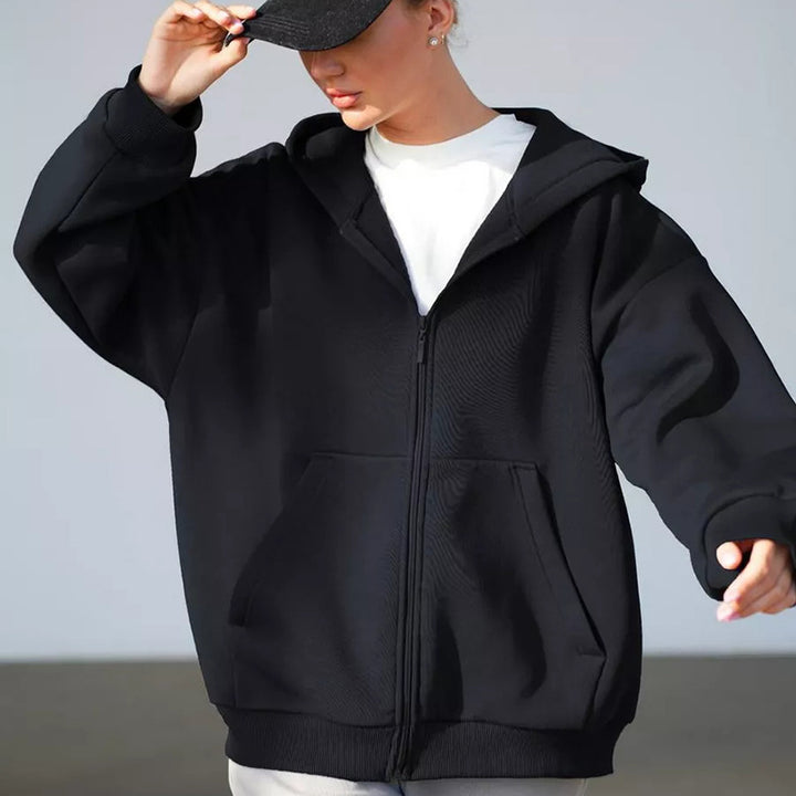 Women's Oversized Hooded Jacket with Zipper and Large Pockets Skovae