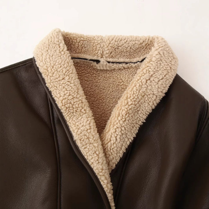 Dame Faux Leder Utility Jakke med Sherpa-foring Stilla