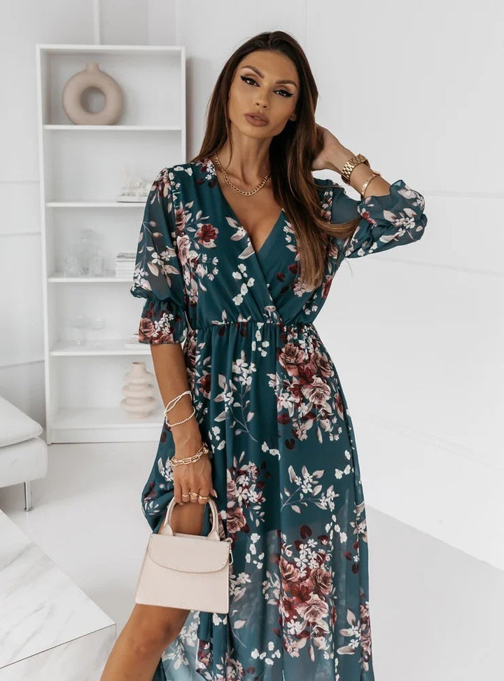 Dame Maxikjole med blomsterdesign og dyb slids Stilla