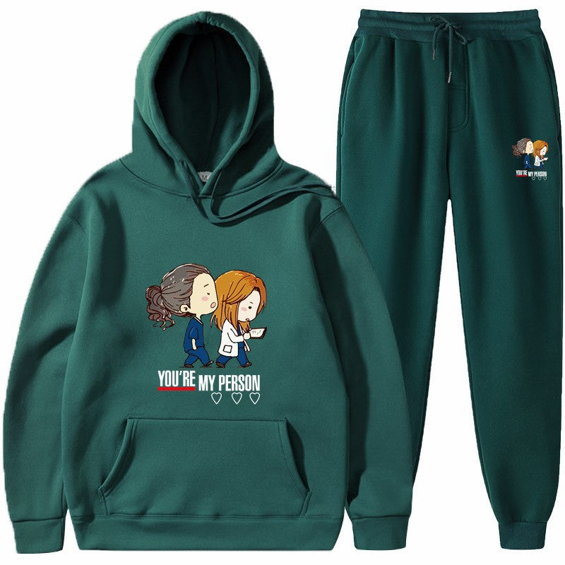 Dame Hoodie og Joggingbukser Sæt med Originalt Tegneserie Design Skovae
