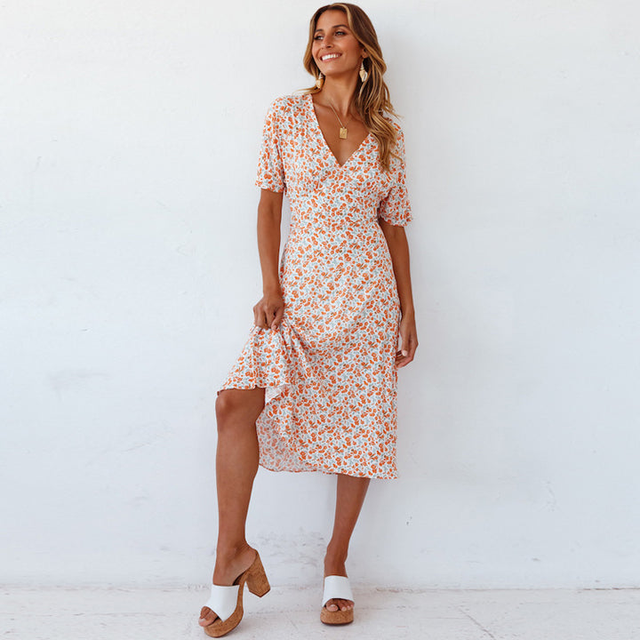 Dame Floral Wrap Maxi Kjole med Flæsekant Stilla