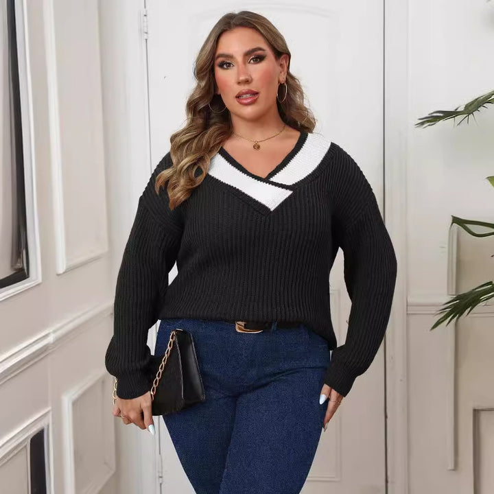 Dame Oversized Strikpullover med V-udskæring og kontrasterende detaljer Stilla