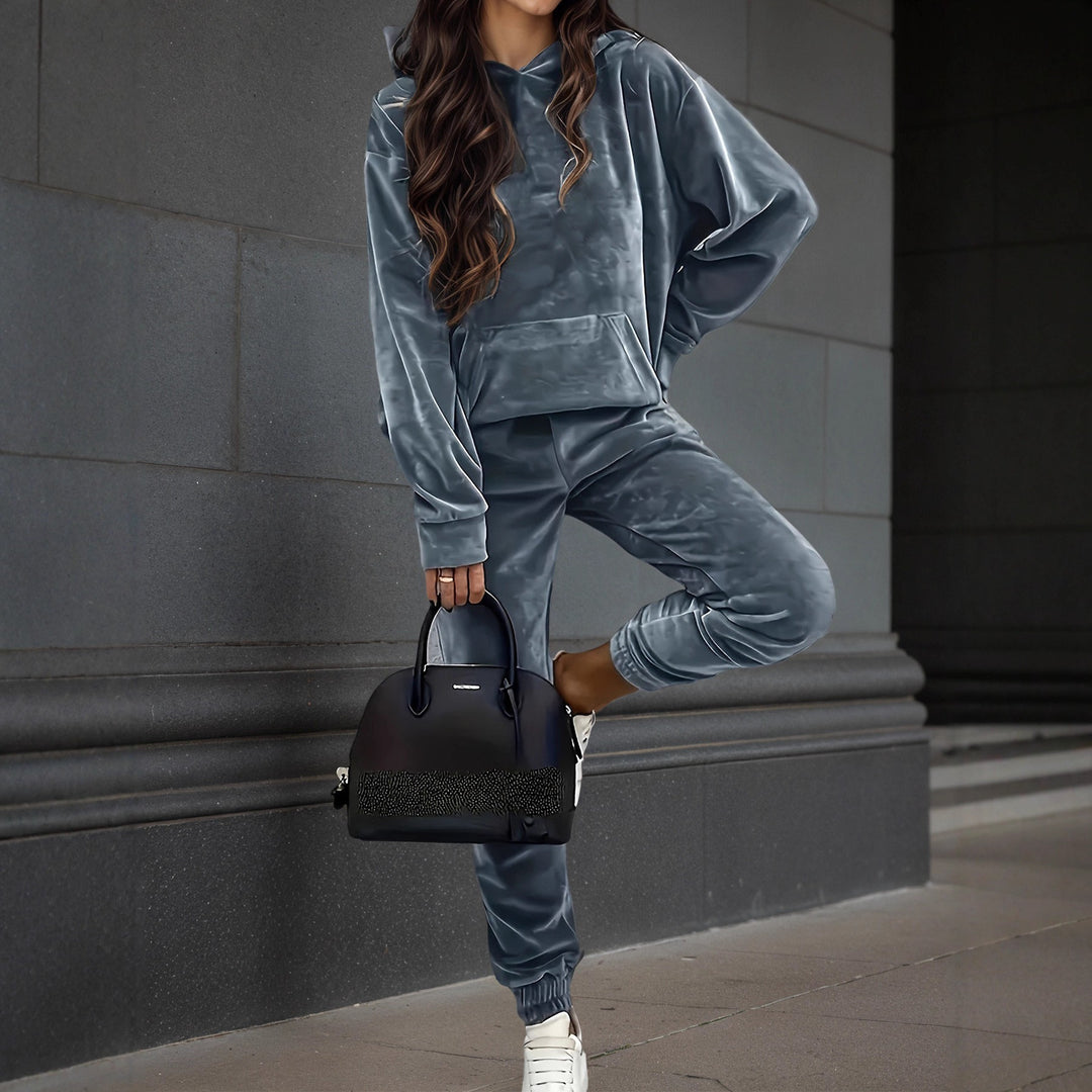 Damer sporty fleece sæt med hætte og elastisk linning Stilla