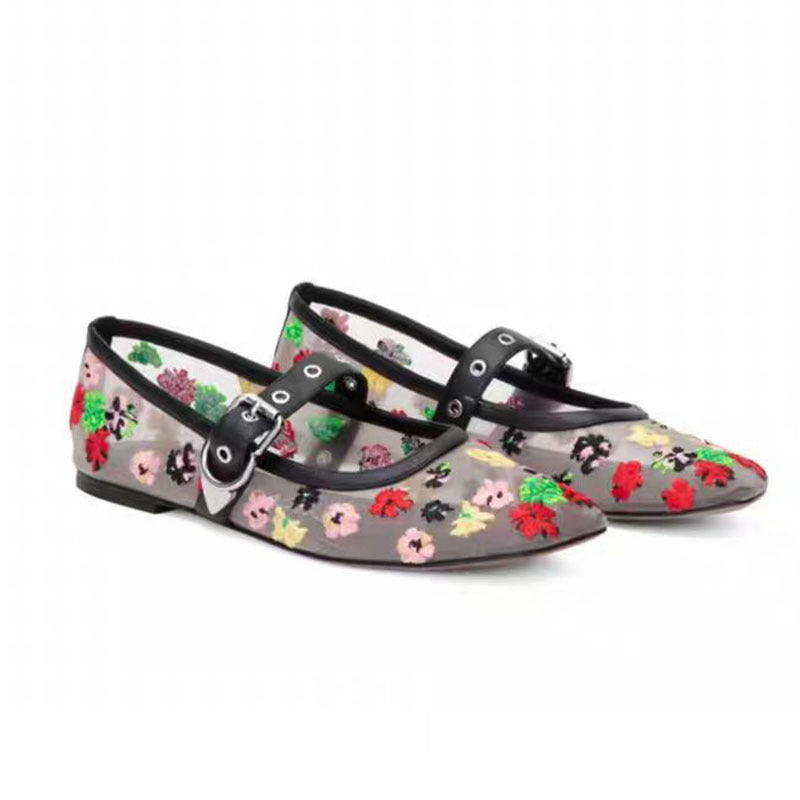 Dame floral dekorerede ballerinaer med justerbar rem Stilla