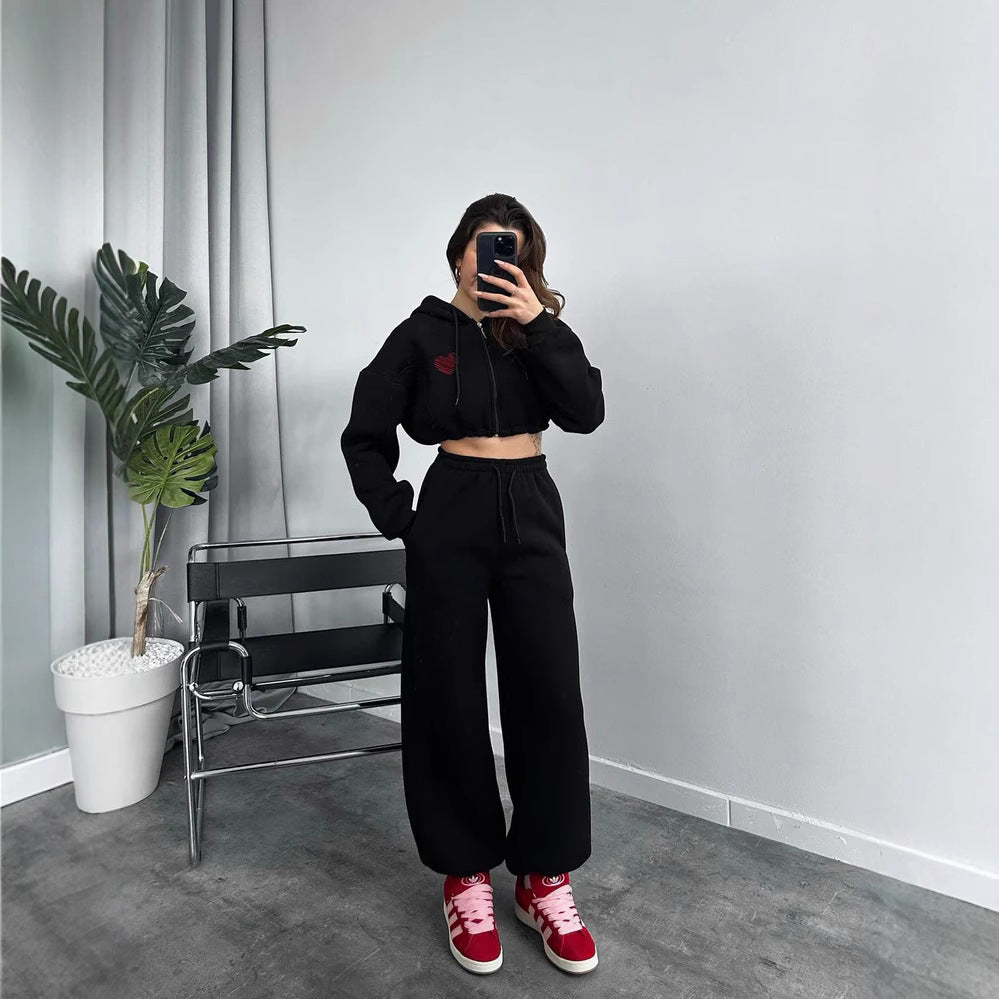 Dames afslappet hoodie og joggingbukser sæt med cropped top og elastisk talje