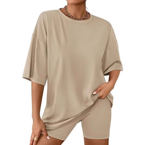 Dame Relaxed Fit Oversized T-Shirt og Biker-Shorts-Sæt Stilla