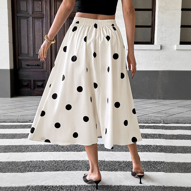 Dame Polka Dot A-Linie Midi-Nederdel med justerbar talje Stilla