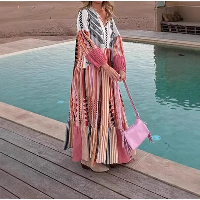 Dame Boho-inspireret maxikjole med voluminøse ærmer og farverigt patchworkdesign Stilla