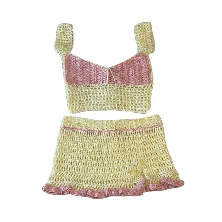 Damer hæklede crop-top og miniskørt sæt med snøredetaljer Skovae