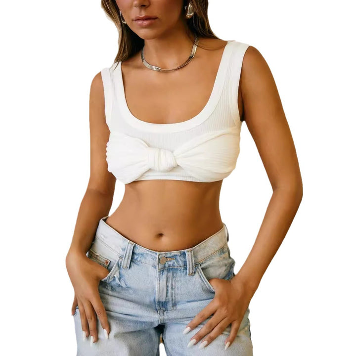 Dame crop-top med dekorativ knude og struktureret design Skovae