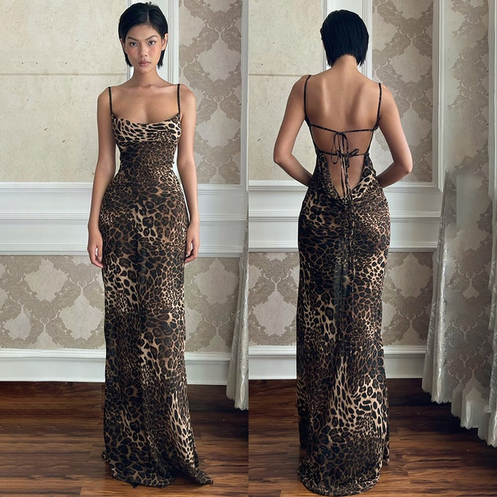 Dame Elegant Rygfri Maxi Kjole med Leopardmønster Stilla