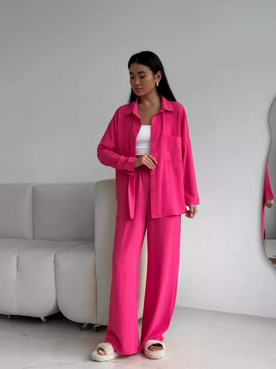 Dame løs linned-buksedragt sæt med elegant bluse og elastisk talje Stilla