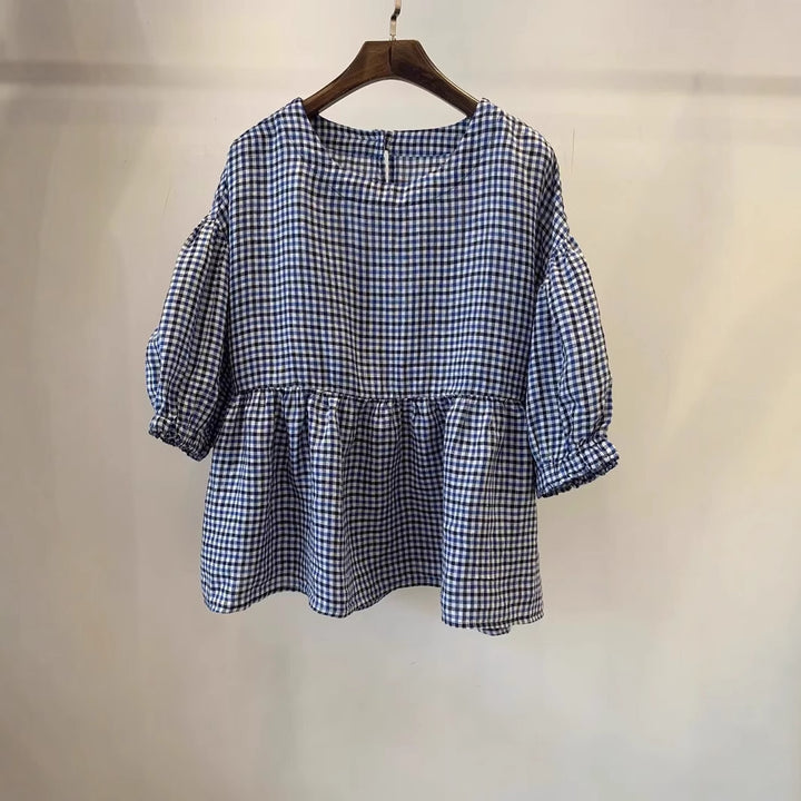 Dame Gingham Puffærme Bluse Stilla
