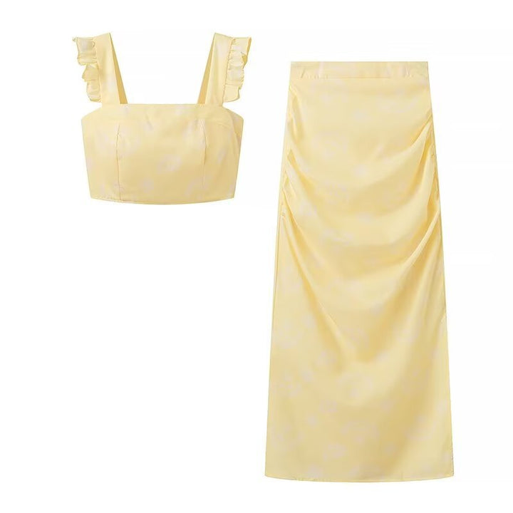 Dame Crop-top og Maxi-nederdel sæt med blomsterdesign og flæsedetaljer Stilla