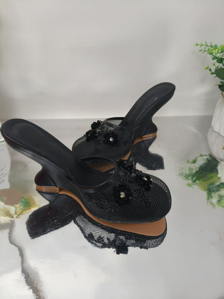 Femme Dekorative Netz-Mules med blomstermotiver Stilla