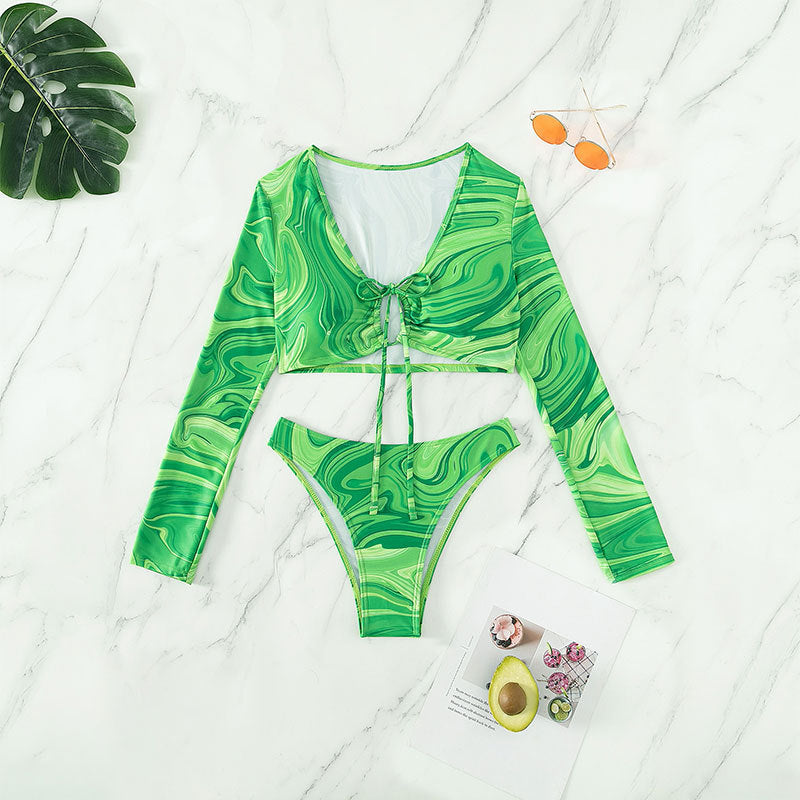 Damer Langærmet Bikini-sæt med kreativ marmor mønster og justerbar snøre design Stilla