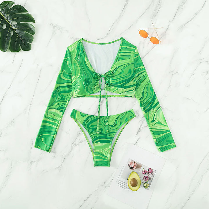 Damer Langærmet Bikini-sæt med kreativ marmor mønster og justerbar snøre design Stilla