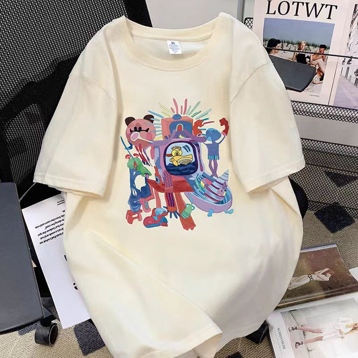 Dame T-shirt med kreativt comic-motiv og oversized snit Stilla