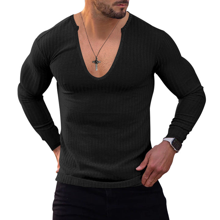 Herrer langærmet V-hals T-shirt med fin ribstruktur Stilla