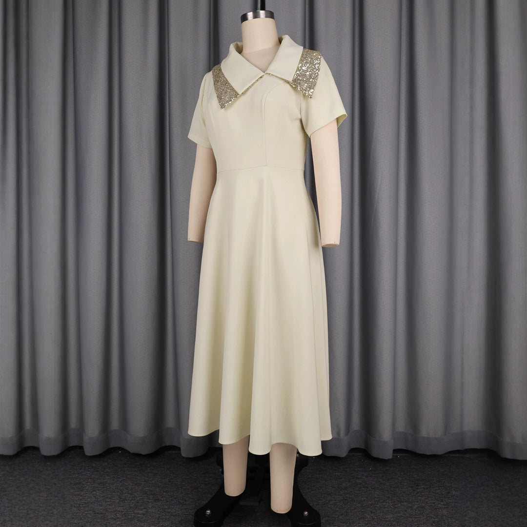 Dame elegant midi kjole med funklende krave Skovae