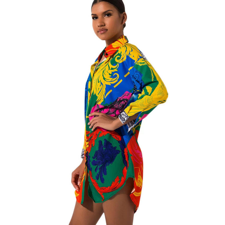 Femme Vibrant Trykt Over størrelse Button-Up Skjorte Stilla