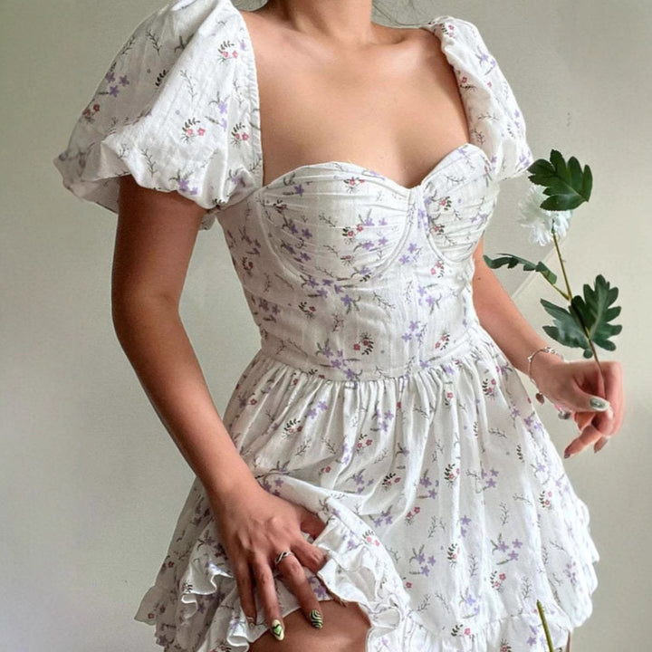 Dame romantisk blomsterkjole med puffærmer Stilla