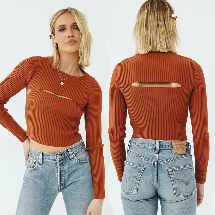 Kvinders langærmet crop top med sofistikeret udskæringsdesign Stilla