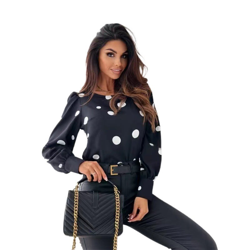 Dame Polka Dot Langærmet Bluse med Knapdetaljer Stilla