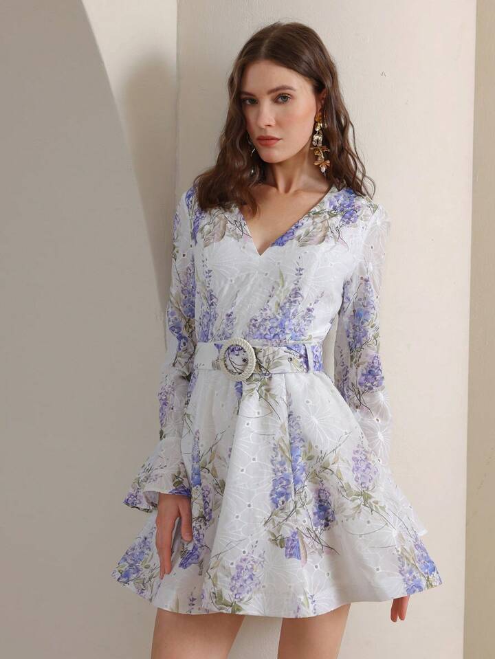 Dame Floral Bellærme Mini Kjole Stilla
