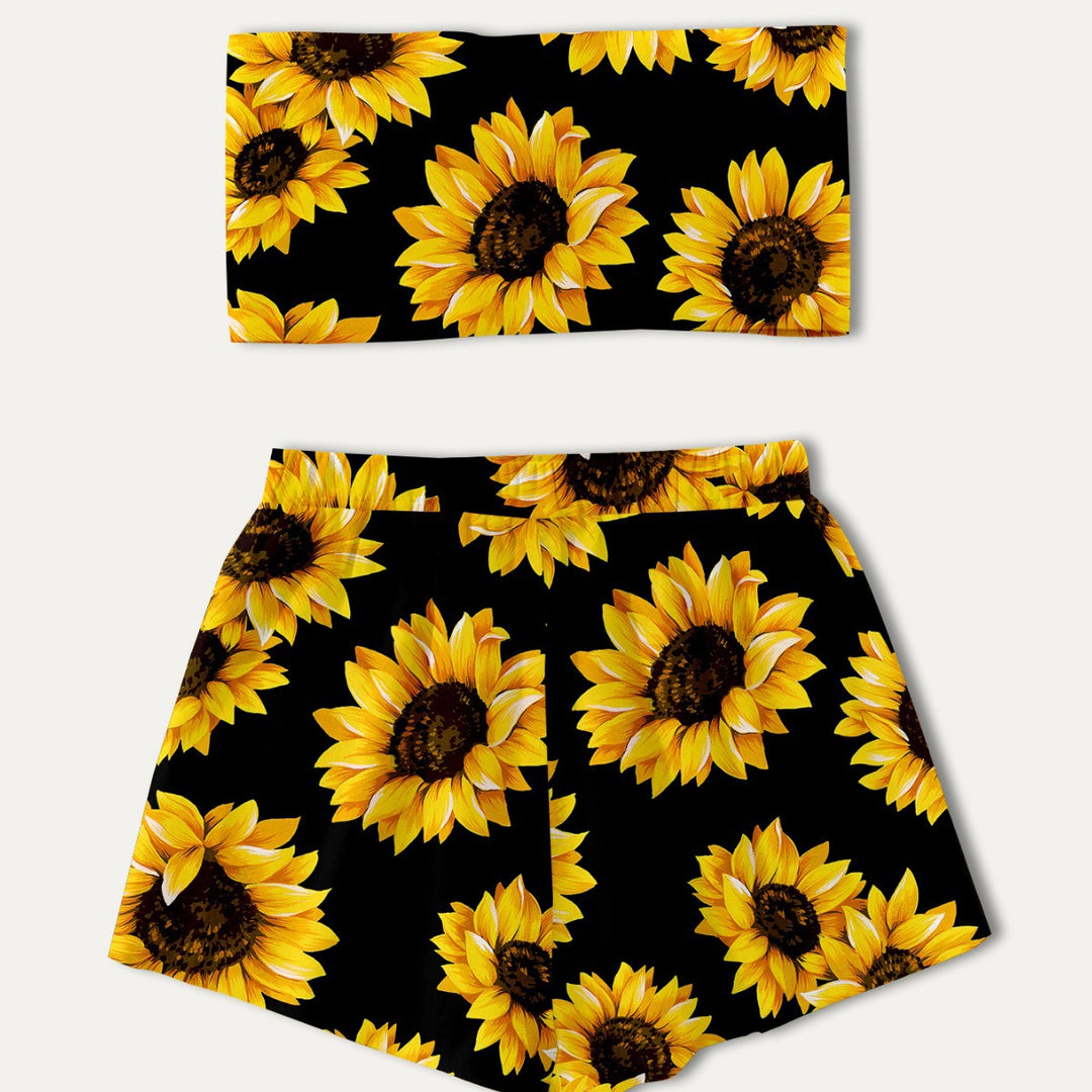 Dame Crop-Top og Shorts Sæt med Solsikke-mønster Stilla