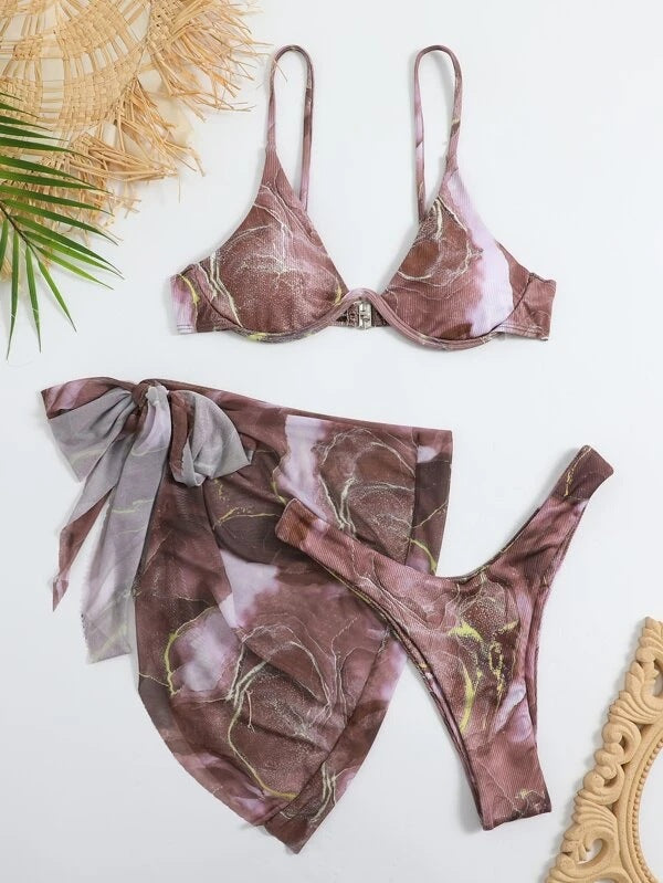 Dame Floral Print Bikini Sæt med matchende Wrap Skirt Stilla