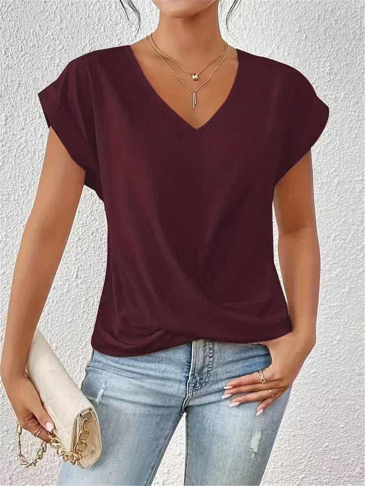 Damer elegant V-udskæring bluse med afslappet drapering Skovae