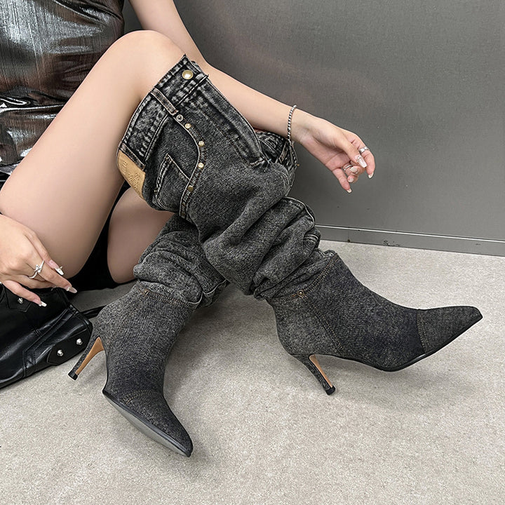 Femme Over-knæet Denim Stiletto Støvler Stilla