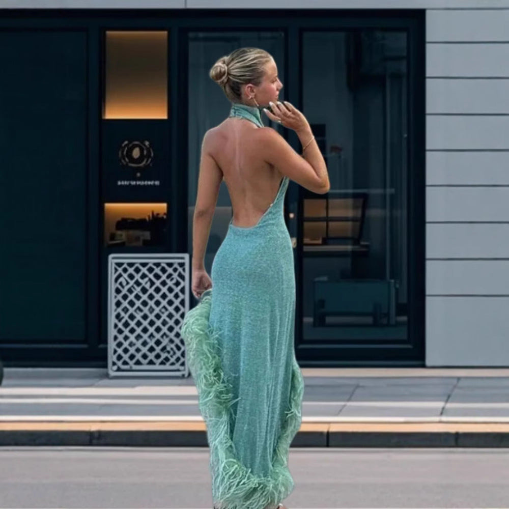 Dame Glamourøs Aftenkjole med glitrende palietter og eksklusive fjerdetaljer Stilla