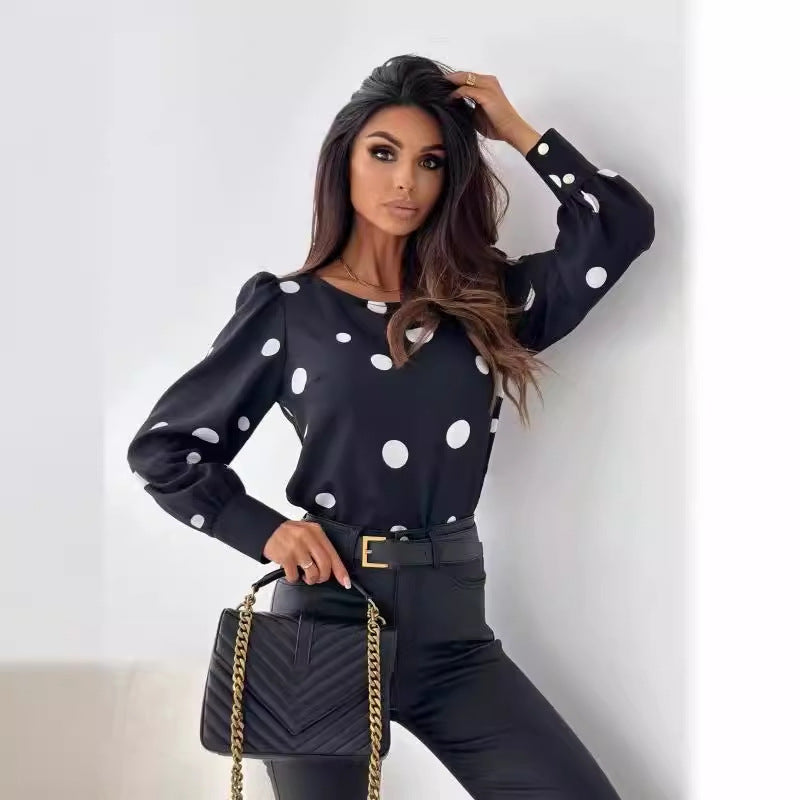 Dame Polka Dot Langærmet Bluse med Knapdetaljer Stilla