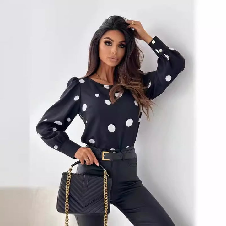 Dame Polka Dot Langærmet Bluse med Knapdetaljer Stilla