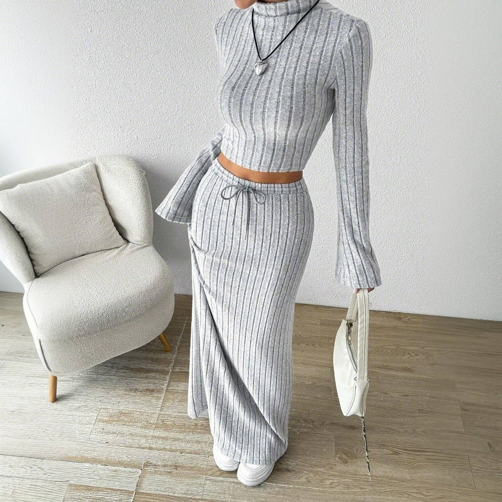 Kvinder Langærmet Crop Top og Maxi Skirt Sæt med Elegant Rib Struktur Stilla