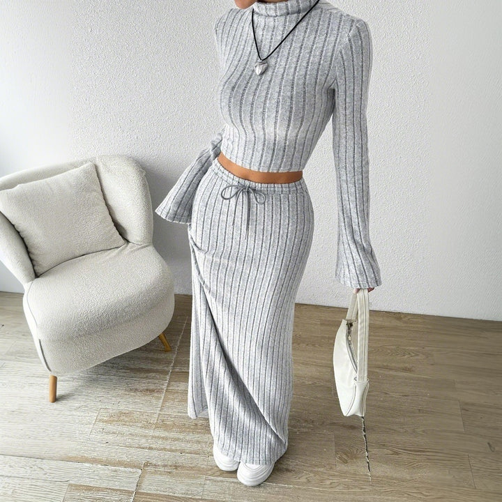 Kvinder Langærmet Crop Top og Maxi Skirt Sæt med Elegant Rib Struktur Stilla