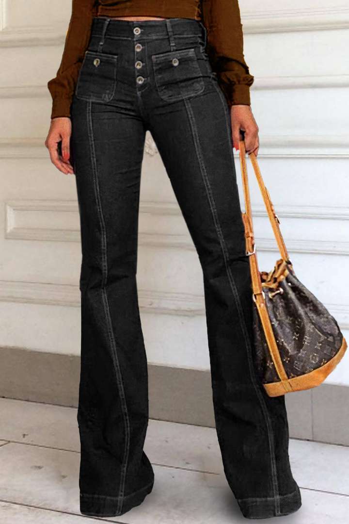 Damer Højskåret Tryklåsjeans med vintage detaljer og dekorative knapper Stilla