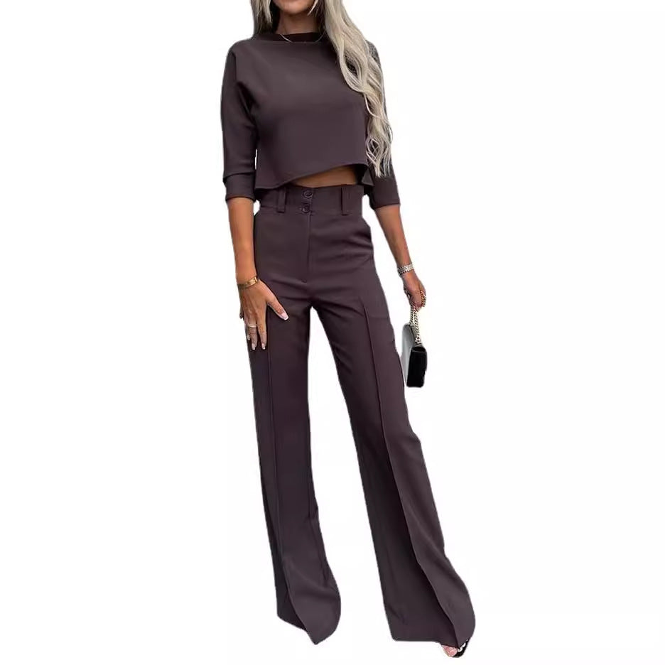Damer Elegant To-Deljede Blazer Sæt med Høj Talje Bukser og Moderne Crop Top