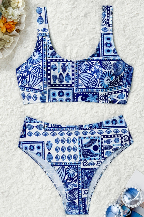 Dame Højskåret Bikini-Sæt med modigt Flise-Mønster Stilla