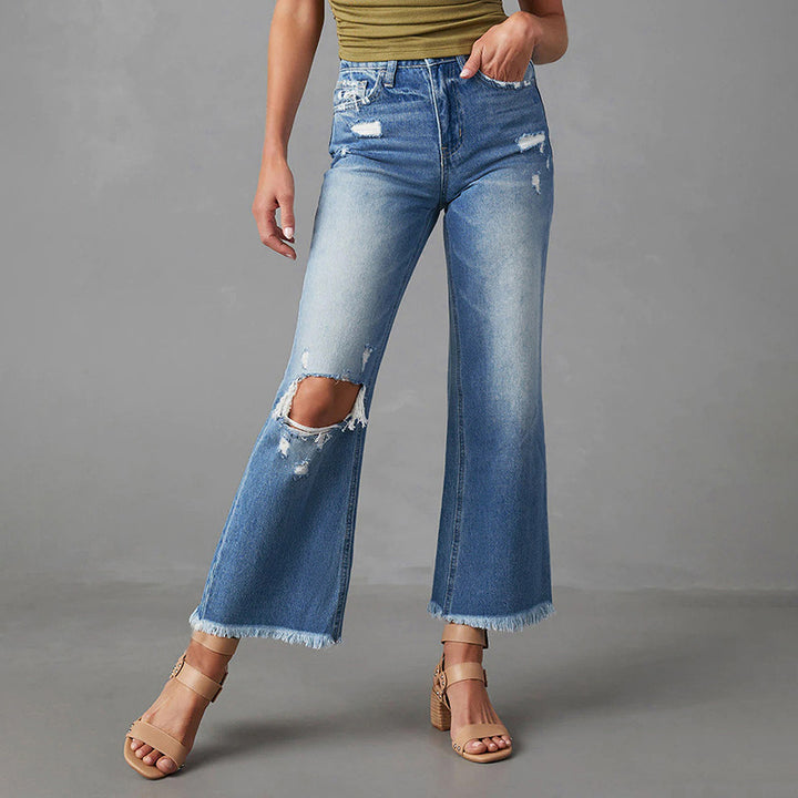 Dame High-Waist Jeans i Used-Look med frynser og revnedetaljer Stilla