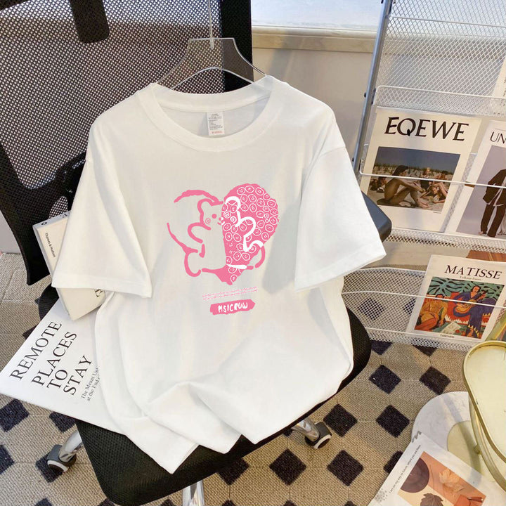 Dame T-shirt med kreativt hjerte- og dyremotiv Stilla