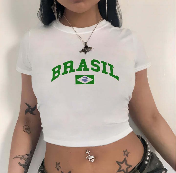 Dame cropped T-shirt med eksklusivt hestemotiv og figurtilpasset snit Skovae
