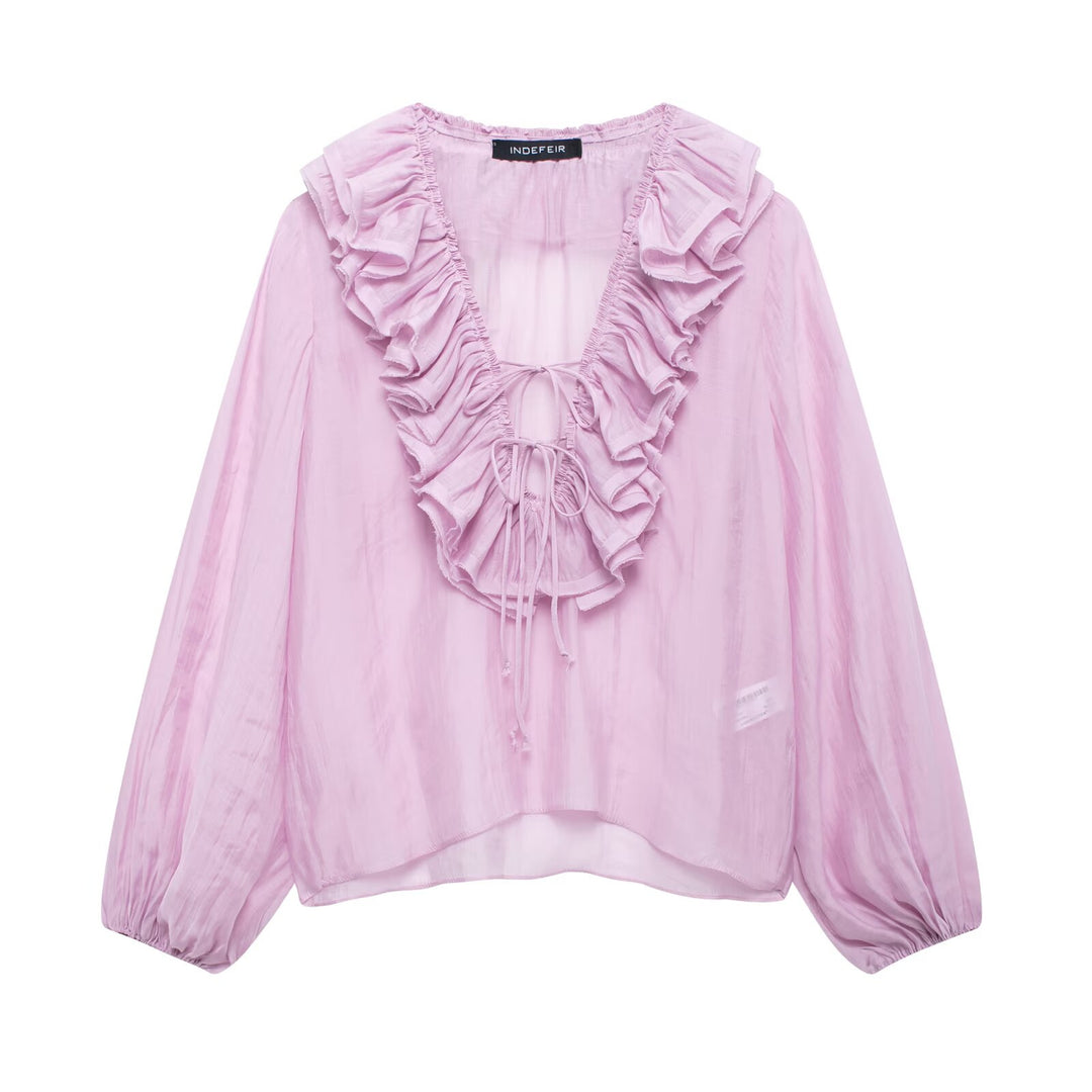 Femme Rynk Off-Shoulder Bluse med Snøre Detalje Stilla