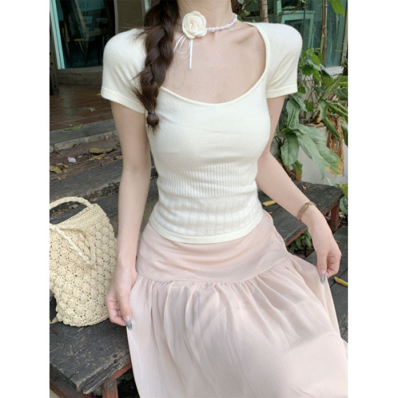 Femme Ribbet Kort Ærme Crop Top Stilla