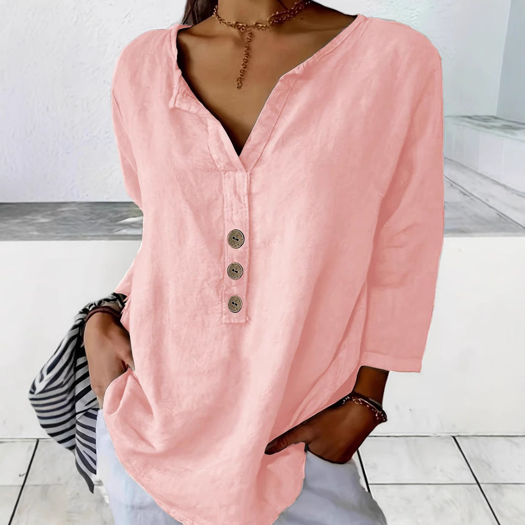 Dame løs linned bluse med blide knapdetaljer Stilla